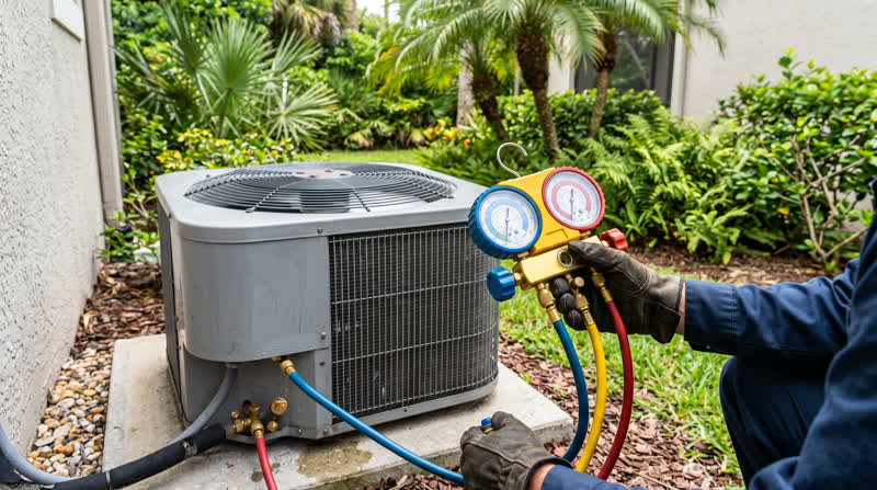 HVAC technician performing AC tune-up in Winter Haven FL | Top Notch Air Conditioning & Heating