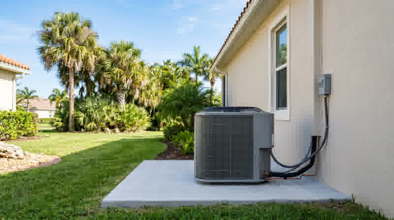 New outdoor AC condenser installed on a concrete pad next to a Florida home