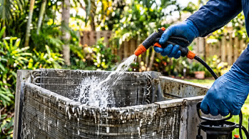 AC maintenance — technician cleaning condenser coil with fin comb during tune-up
