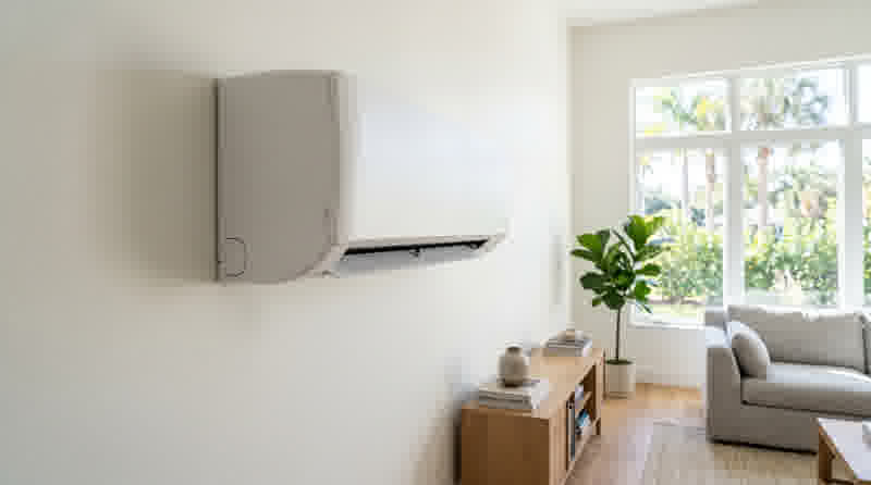 Ductless mini-split wall-mounted head unit in a modern living room