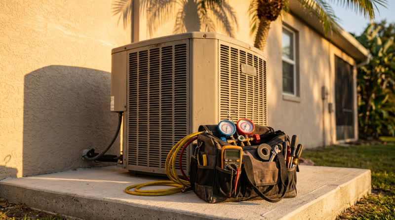 Same-day emergency AC service — manifold gauges and tool bag staged at outdoor condenser at golden hour in Florida