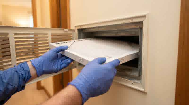Heating maintenance — technician replacing a clean pleated air filter