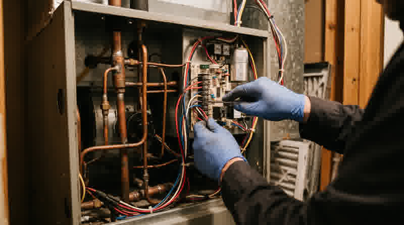 Heating repair — technician working on heat pump internal wiring